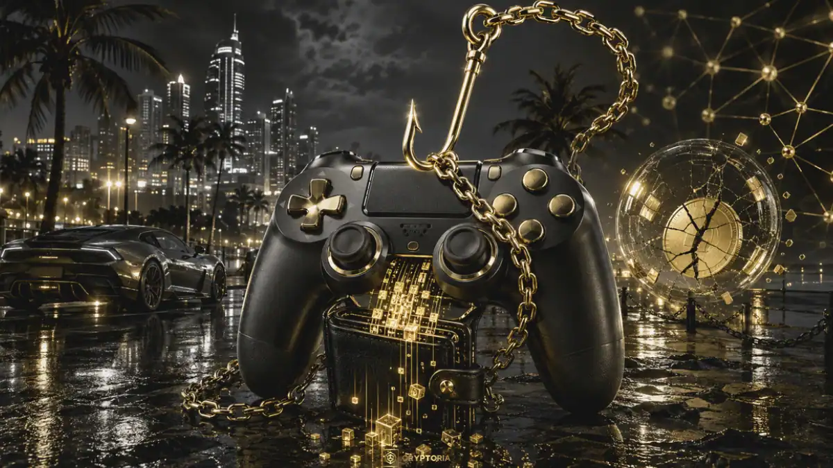 GTA 6 като примамка за крипто измами Гейминг контролер, крипто портфейл и златна фишинг кука символизират крипто измамите около GTA 6.