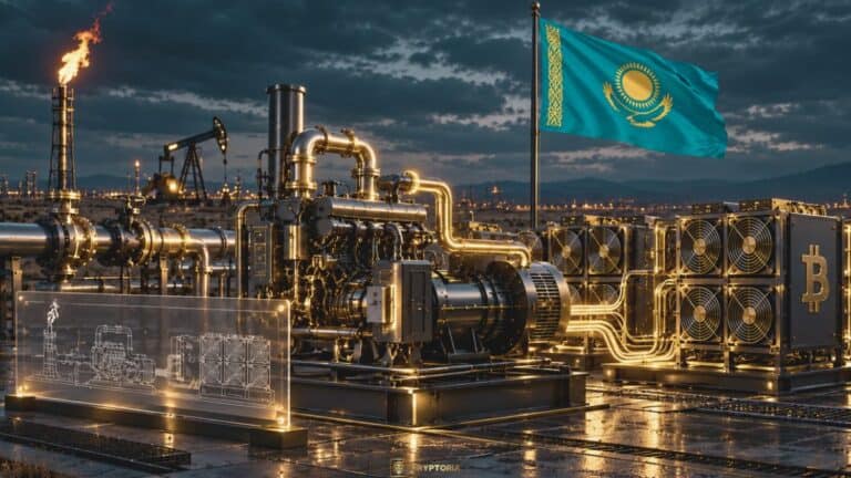 Газов генератор и Биткойн майнинг оборудване до нефтено находище, с флага на Казахстан
