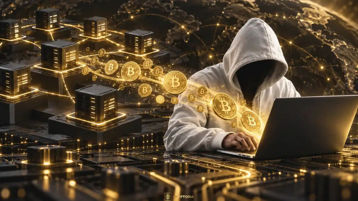 Liquid Network: преместване на близо 4000 BTC Whitehat хакер с бяла качулка пред лаптоп и поток от златисти биткойни от свързани федерационни възли.