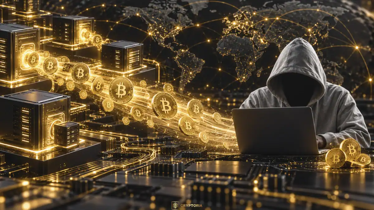 Златист поток от биткойни се връща от лаптоп към защитена мрежова инфраструктура, символизирайки връщането на 3400 BTC към Liquid Network.