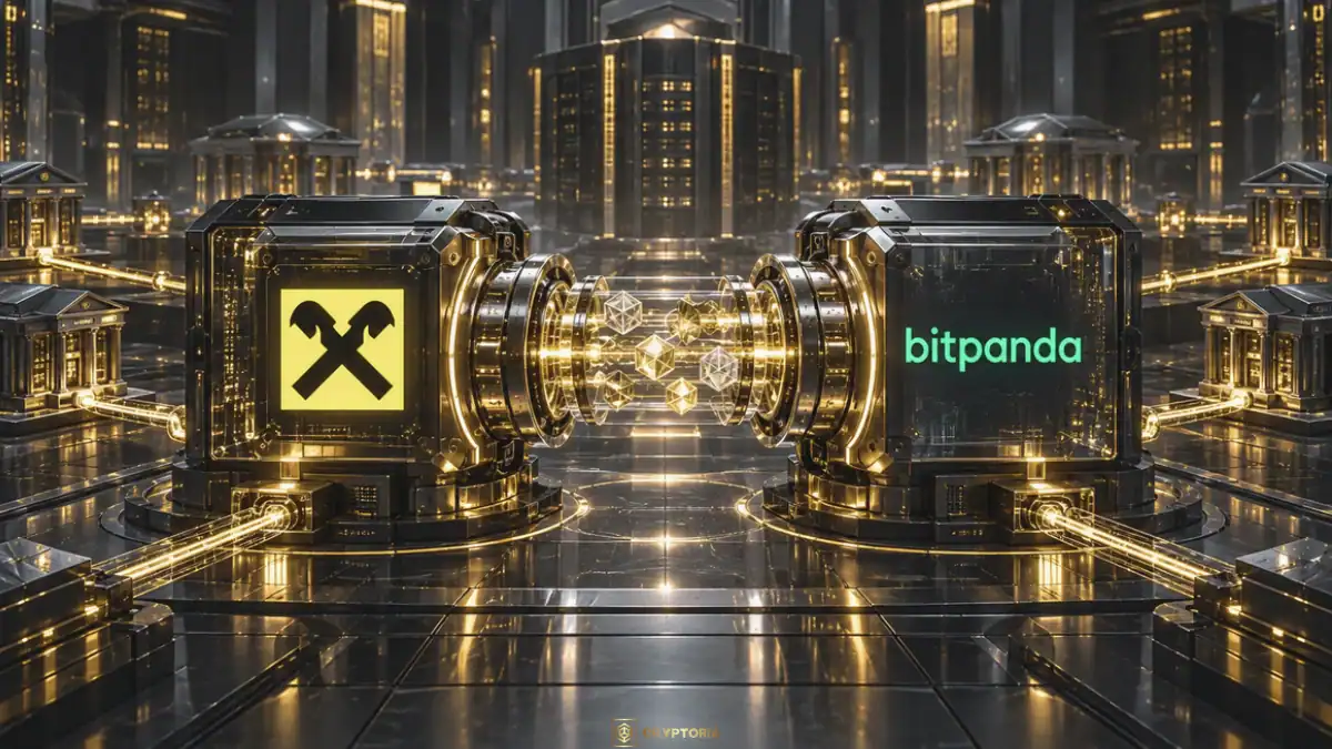 Raiffeisen и Bitpanda — инфраструктура за криптодостъп Логата на Raiffeisen и Bitpanda върху два свързани модула в графитено-златиста банкова среда.