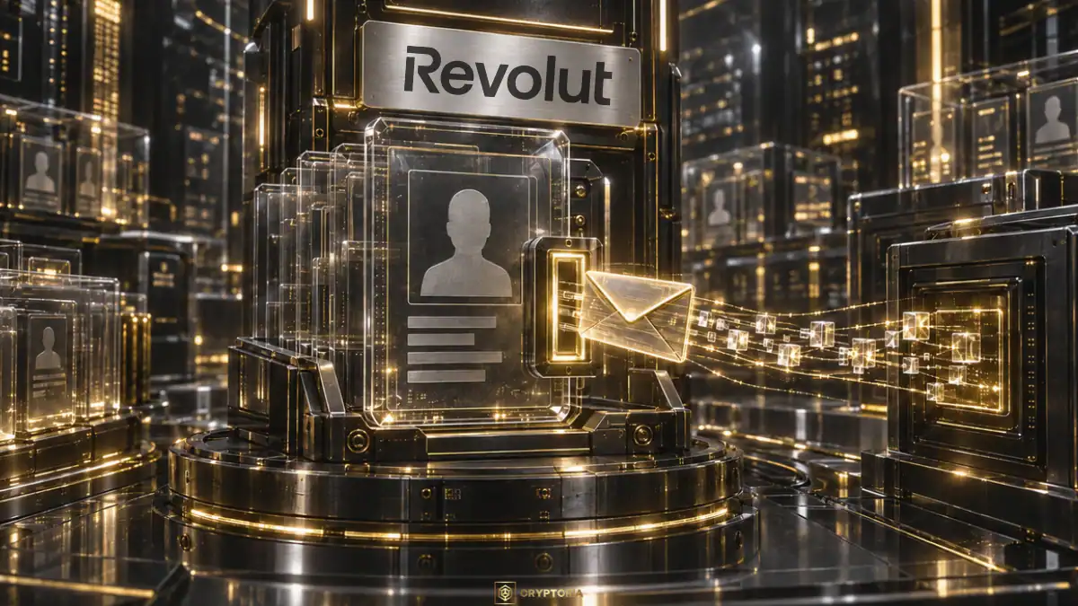 Лого на Revolut над стъклено клиентско досие и светещ плик с поток от данни.
