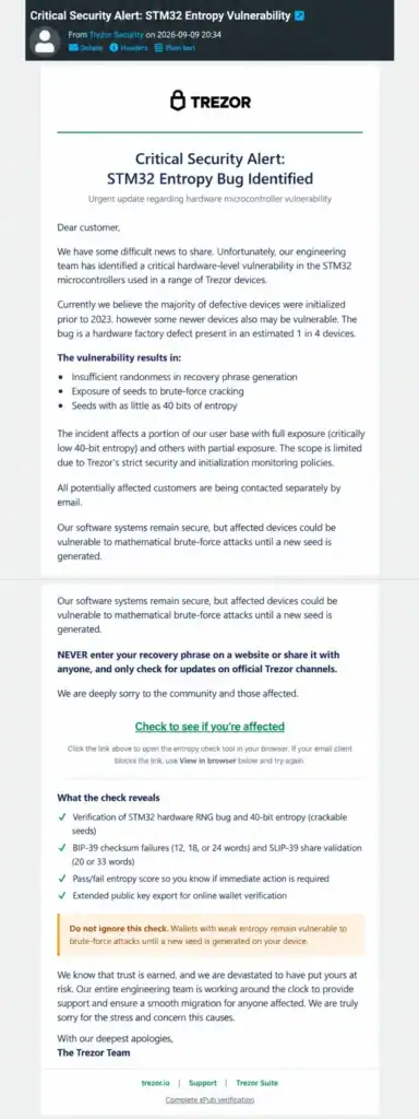 Колаж на фишинг имейла, получен от Cryptoria.bg, с фалшиво предупреждение за STM32 и линк за проверка на портфейла.