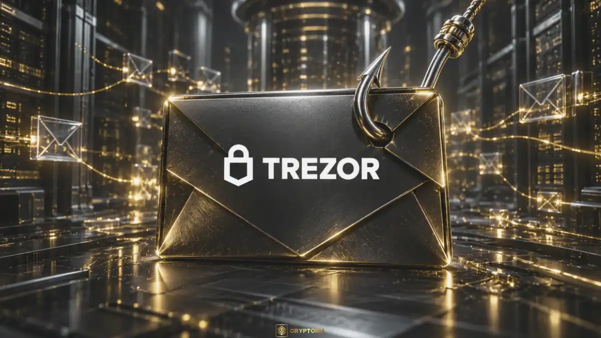 Бялото лого на Trezor върху метален имейл плик с фишинг кука в тъмна сървърна среда.