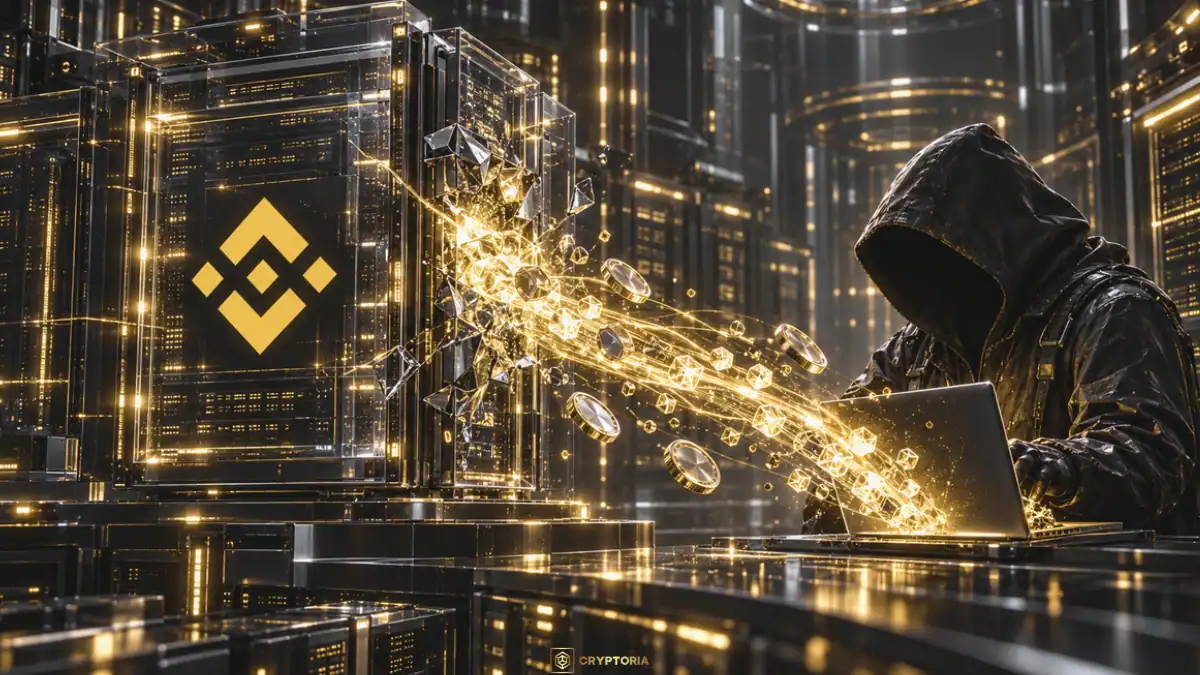 Символичен хак на Binance: фигура с качулка източва дигитални активи към лаптоп от система с логото на борсата.