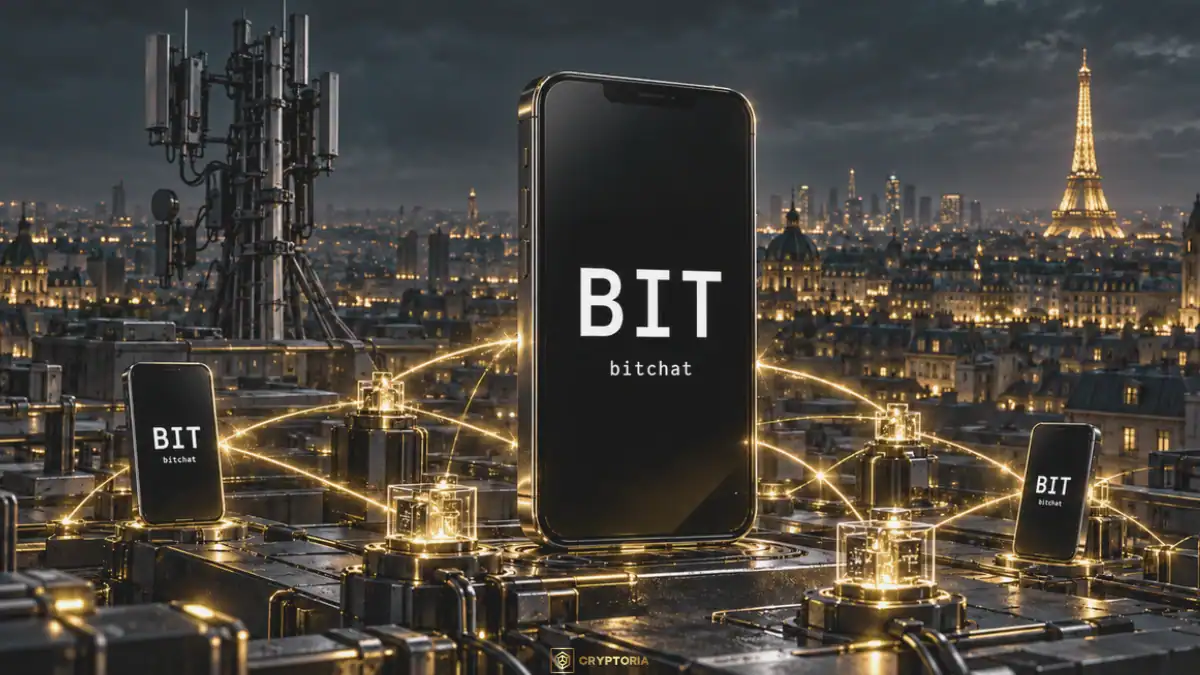 Смартфон с логото на Bitchat, свързан със златисти линии към други устройства на фона на Париж.