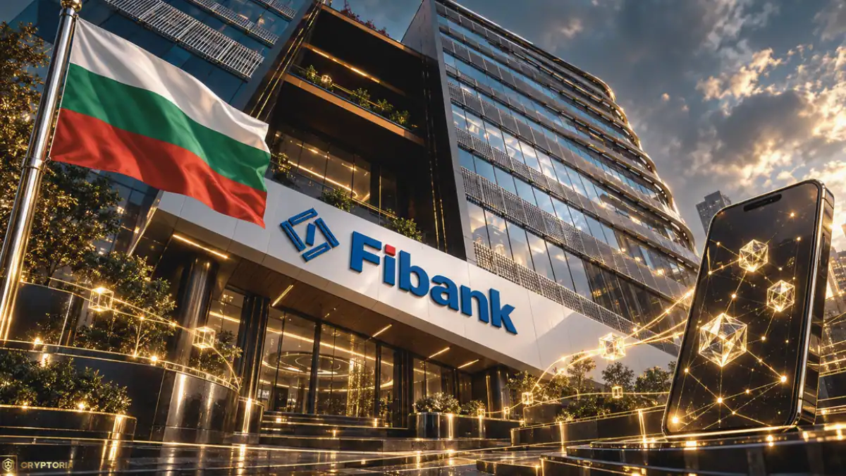 Илюстрация на централата на Fibank с логото на банката, българския флаг и смартфон със златисти дигитални връзки. Символизиращо партньорството между Fibank и Bitpanda