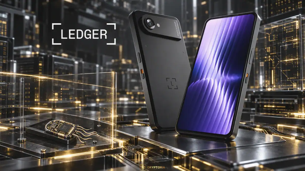 Ledger Atom отпред и отзад, с бяло лого Ledger и отделен чип зад стъклена преграда.