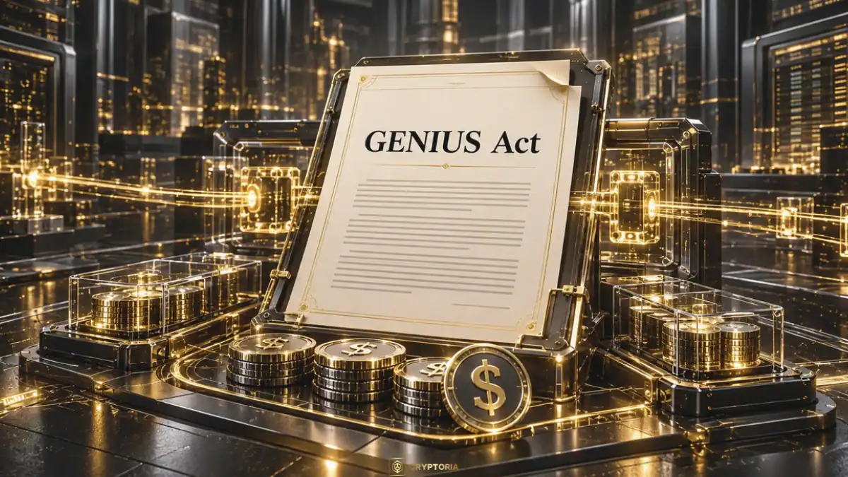 Регулаторен документ с надпис GENIUS Act, доларови монети и стъклени контейнери в тъмна технологична среда.