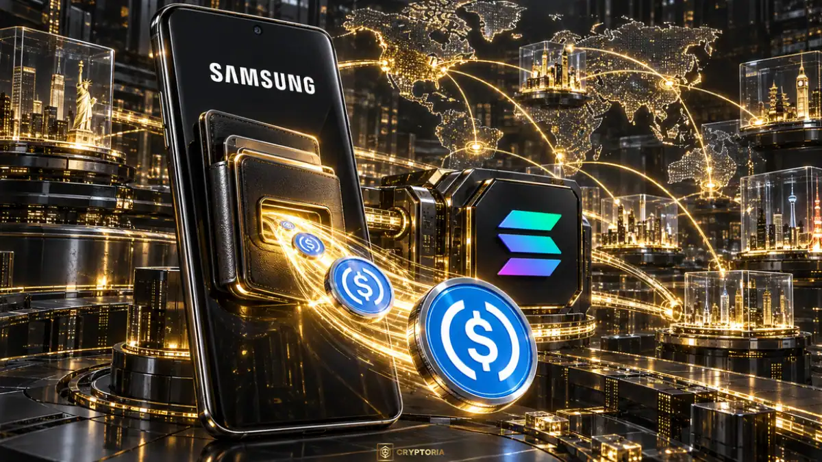 Телефон с логото на Samsung, символ на Solana и USDC монети пред карта на света