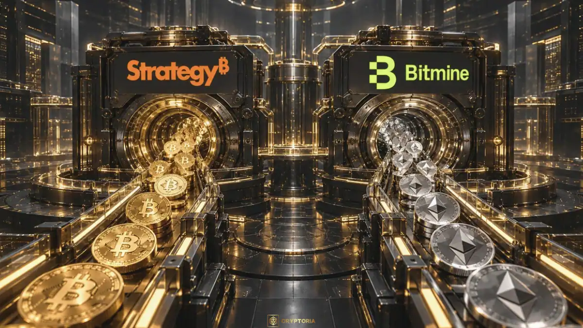 Илюстрация към „Strategy достигна 848 250 BTC“: биткойни се насочват към оранжевото лого на Strategy, а етери — към зеленото лого на BitMine.