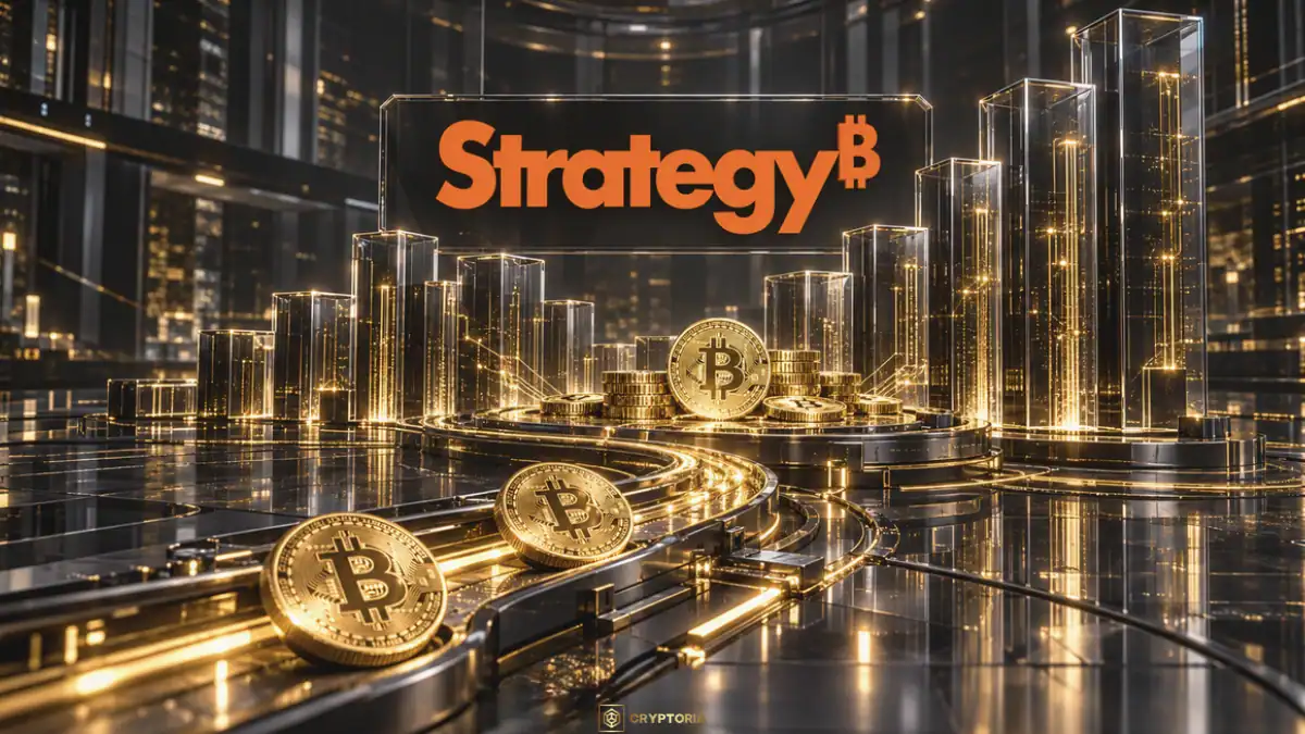 Оранжевото лого на Strategy над Биткойн монети и възходящи стъклени колони, символизиращо Strategy обяви $21 млрд. печалба и придобиването на още 334 BTC.