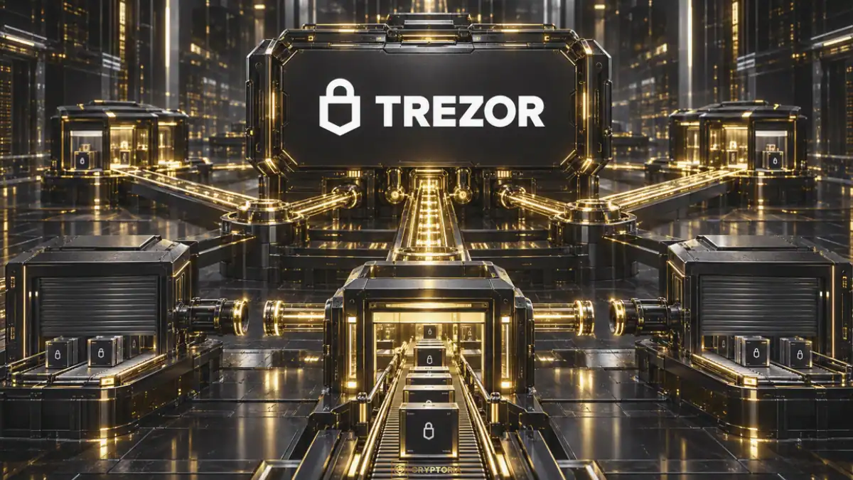 Trezor ограничава реселърската си мрежа Trezor намалява реселърите — илюстрация с логото на компанията, затворени търговски модули и златисти връзки.