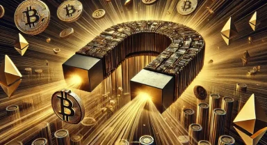 Златен магнит, привличащ Bitcoin и Ethereum, символизиращ институционалната акумулация от Bitmine и Strategy.