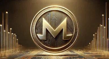 Златна монета с логото на Monero (XMR), символизираща нов исторически връх на цената и засилен интерес към анонимните криптовалути.