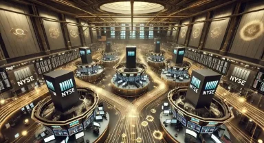 Илюстрация на Нюйоркската фондова борса с денонощна търговия, блокчейн инфраструктура и дигитални потоци от данни.